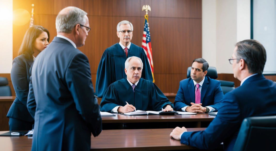 A courtroom scene with a judge, lawyers, and defendant discussing a DUI case in Arizona
